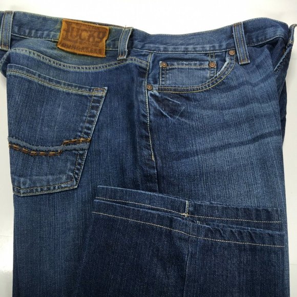 Lucky Brand Mens Iron Vintage Straight Blue Jeans Thick Leather Patch 36×32 - Picture 1 of 10